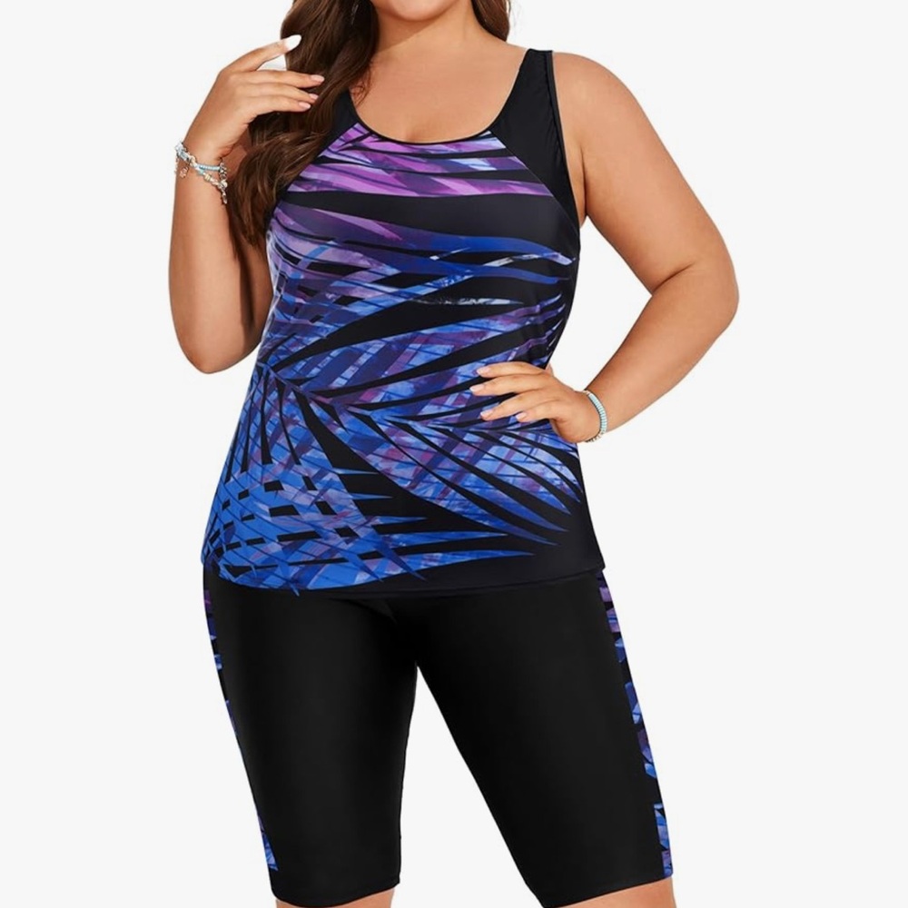 Hannah Nikole Purple & Black Leaf Tankini Swimsuit - 16W